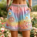 Women's Vintage Hippie Floral Art Linen Blend Casual  Shorts