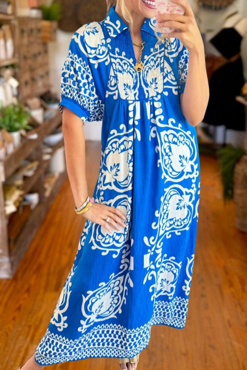 Blue Puff Sleeve Boho Midi Dress
