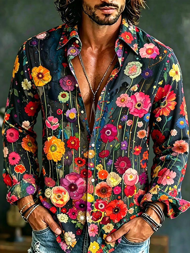Men's Vintage Hippie Floral Art Print Long Sleeves Linen Shirt