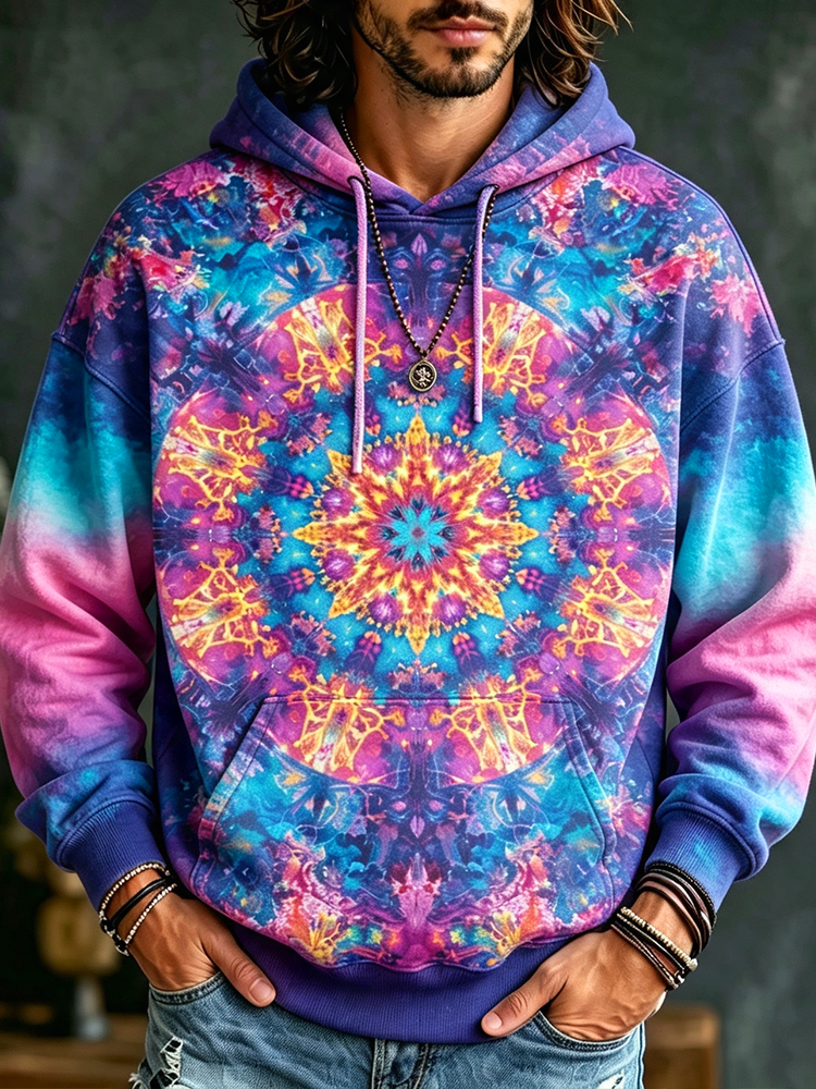 Men's Tie-dye Mandala Graphic Hoodie - Spiritual Bohemian Print Pullover Sweatshirt