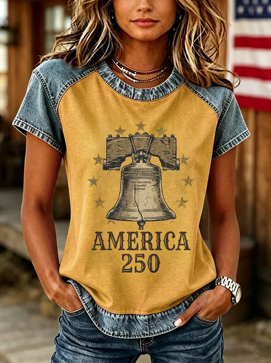 Women's Western Independence Day Liberty Bell America 250 Printed T-shirt