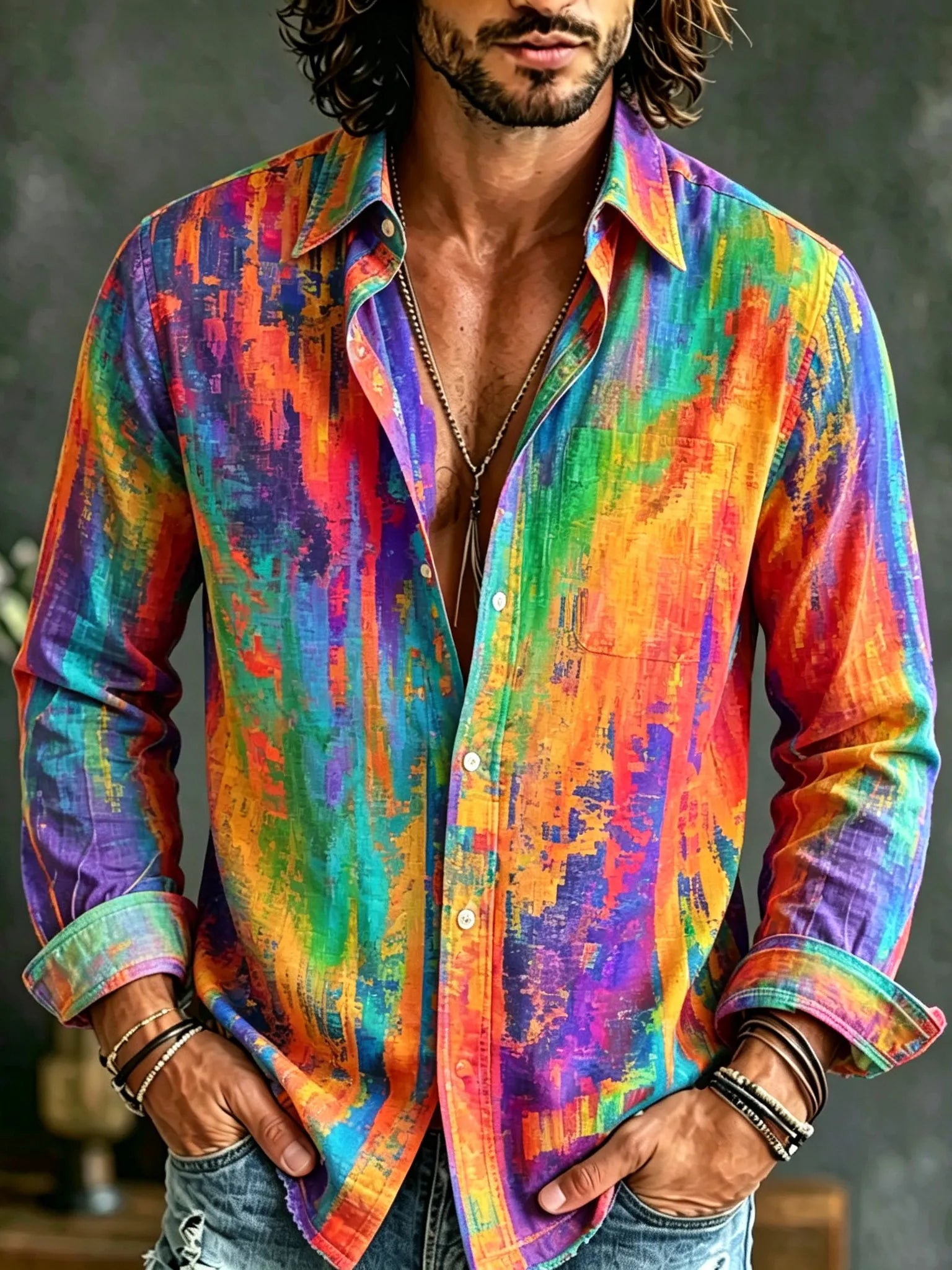 Men's Retro Rainbow Mottled Art Print Long Sleeve Linen Shirt