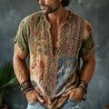 Men's Retro Floral  Patchwork Embroidered Art Print Flowy Linen Blend Casual Shirts