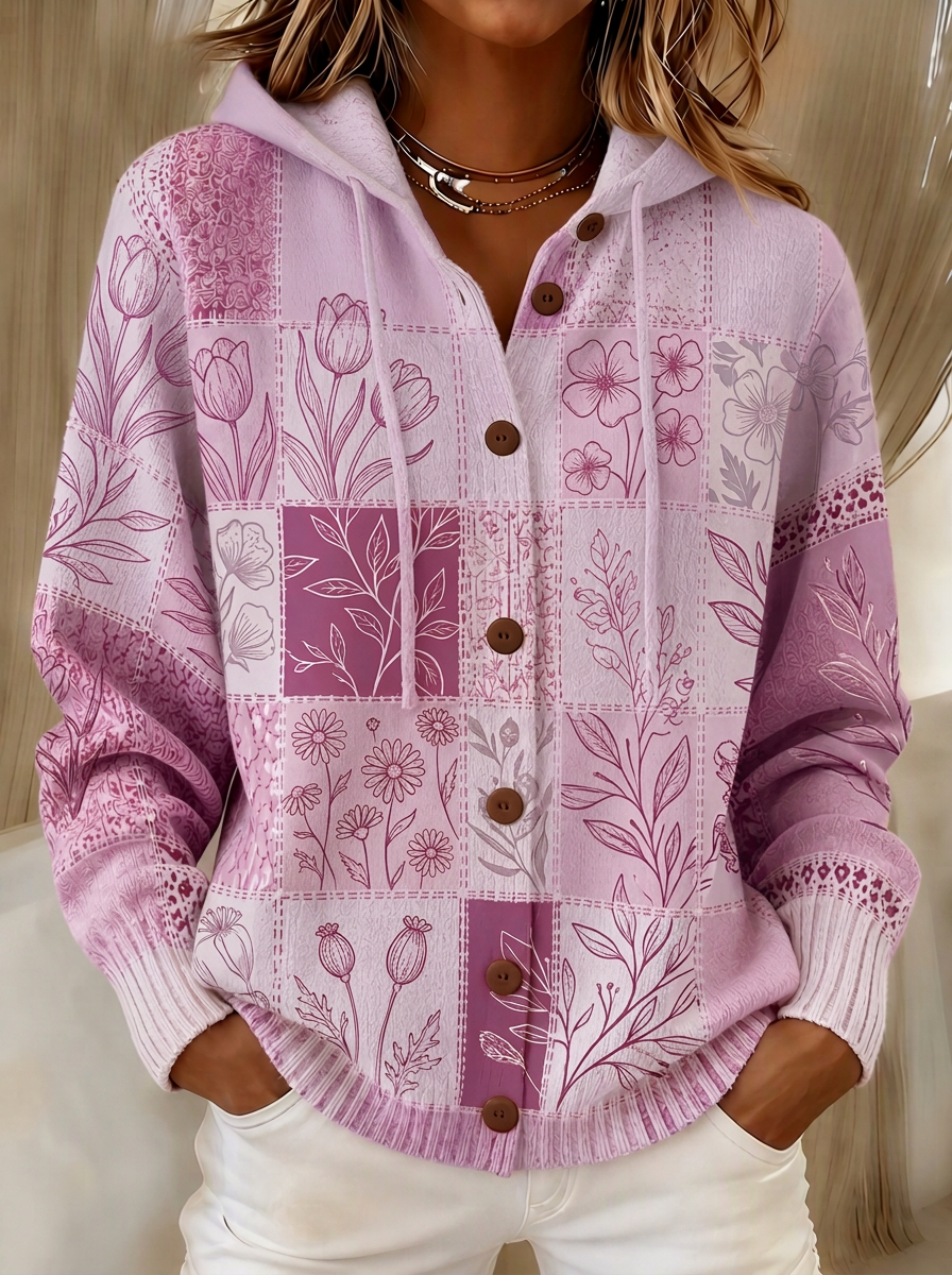 Women's Breast Cancer Awareness Pink Floral Patchwork Printed Cardigan