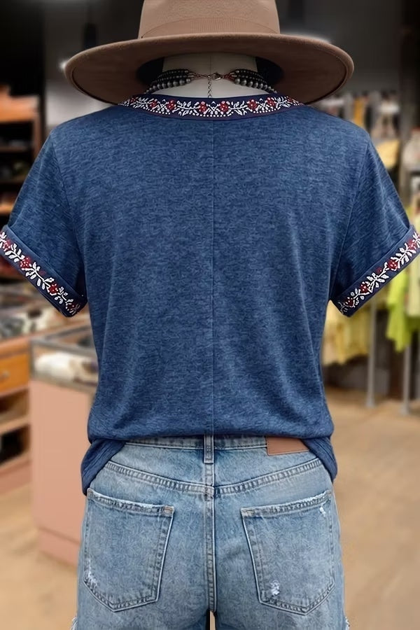 Vintage Patriotic Fireworks Print Round Neck Cotton T-Shirt