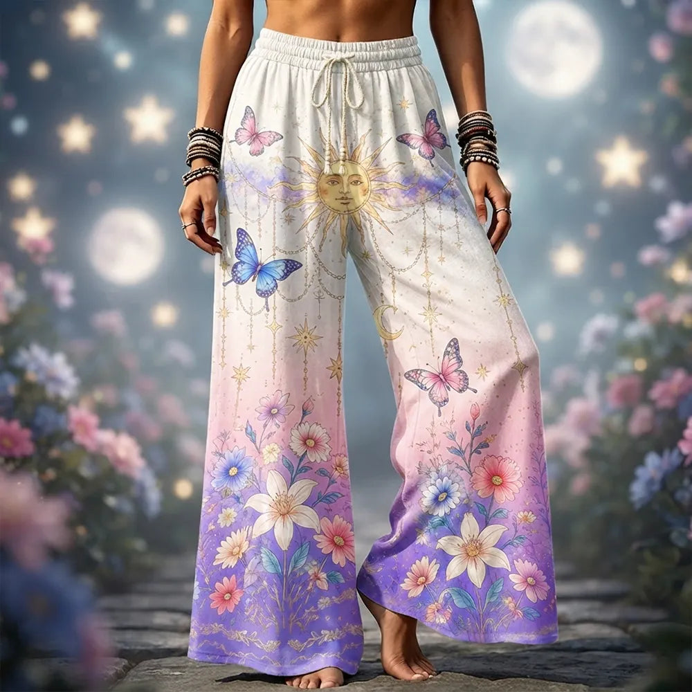 Women's High-waisted Wide-leg Lounge Pants With Drawstring, Celestial Sun, Moon, And Watercolor Floral Print