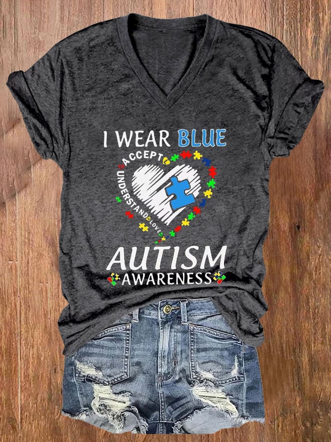 Women'S I Wear Blue For Autism Awareness Printed Casual T-Shirt