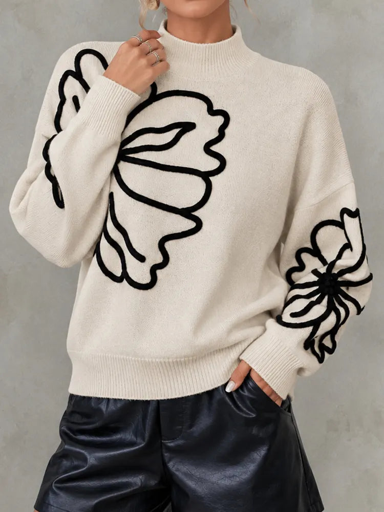 Elegant Long-sleeved Knit Top With A High Neck And 3d Floral Details