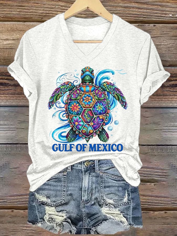 Women's Gulf Of Mexico Printed V Neck T-shirt
