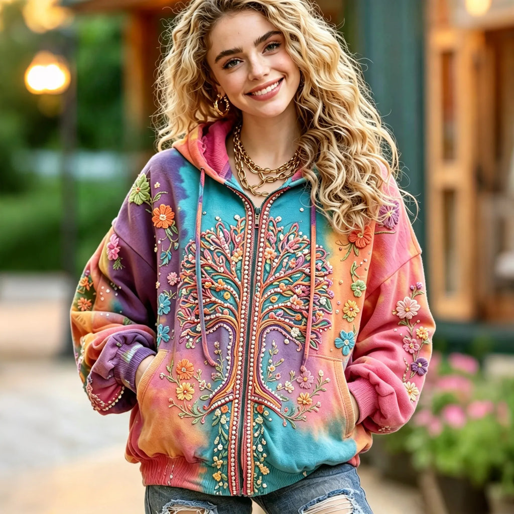 Women's Vintage Hippie Tree Of Life Floral Gradient Art Comfy Zipper Hoodie