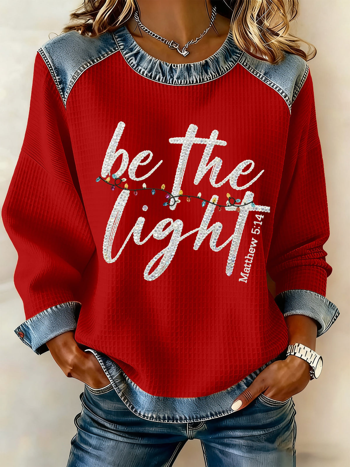 Women's Casual Autumn And Winter Look: Denim Patchwork Waffle Sweatshirt