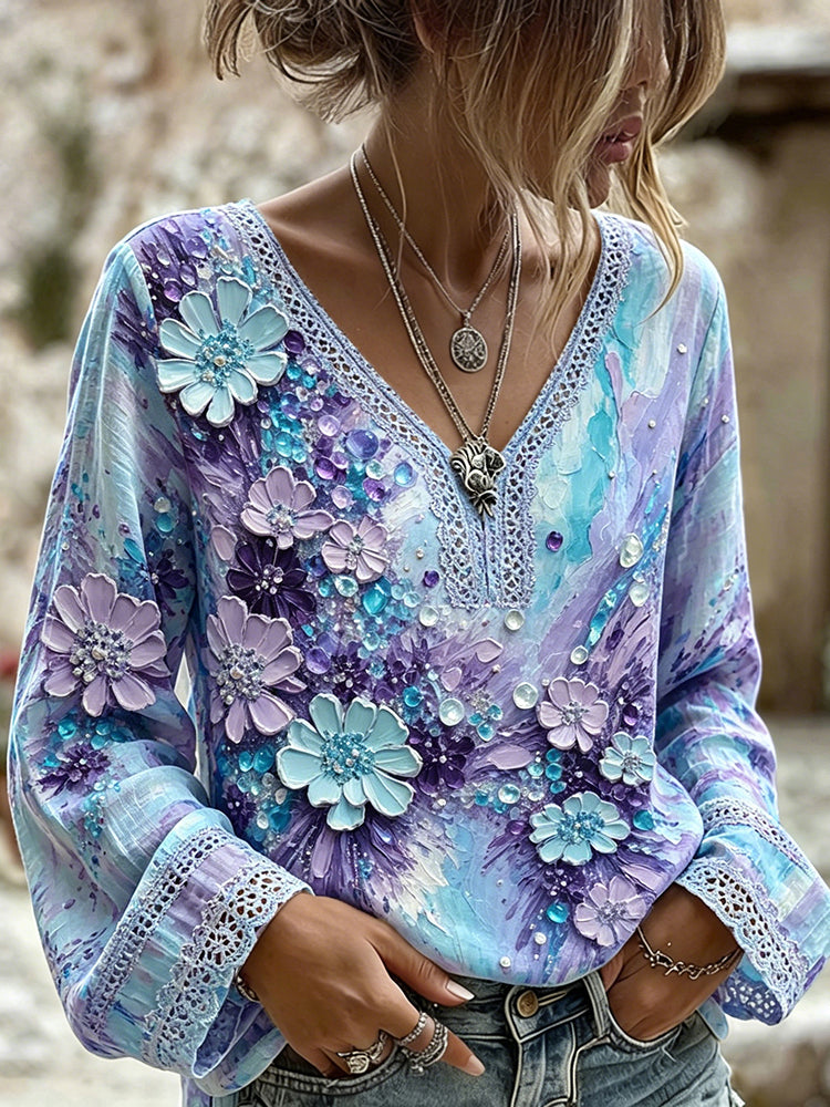 Vintage Abstract Floral Oil Painting Art V Neck Linen T Shirt