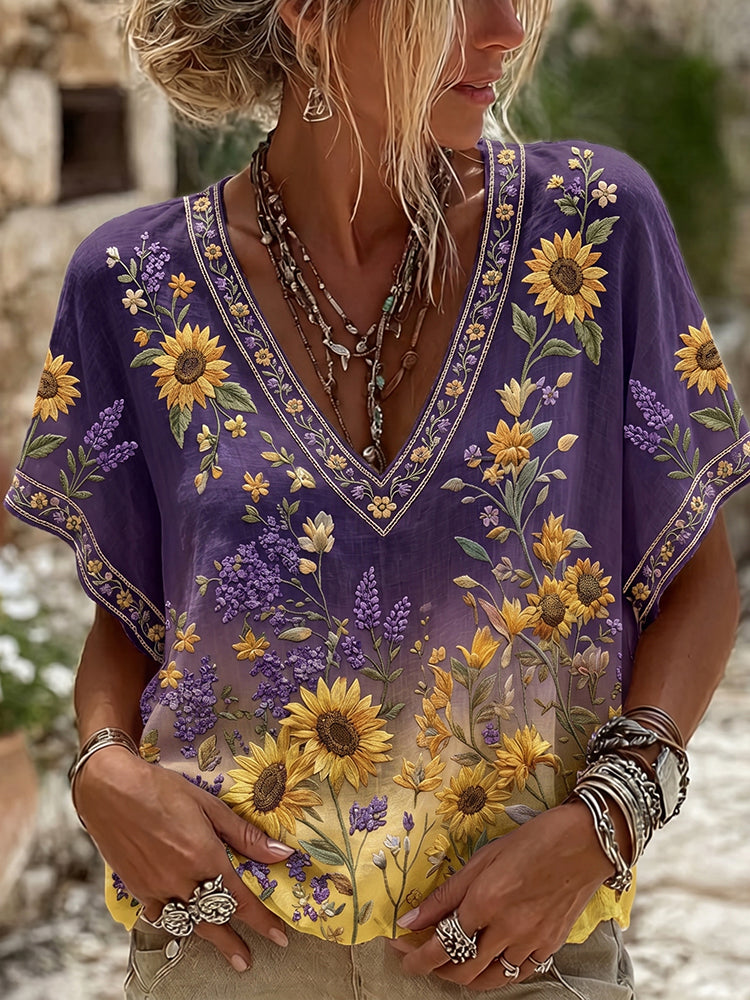 Women's Retro Sunflower Art Gradient V-neck Short Sleeve T-shirt