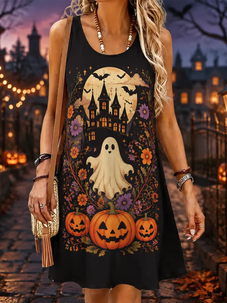 Women's Sleeveless Scoop Neck Halloween Tank Dress Featuring Cute Ghost, Jack-o'-lanterns, And Haunted House Night View