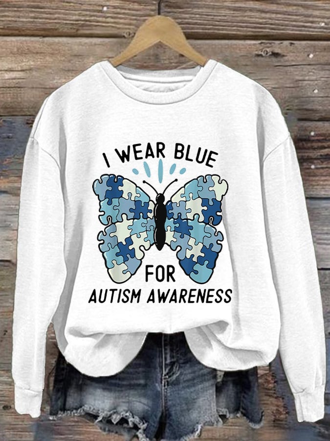 Retro Autism Awareness Butterfly I Wear Blue For Autism Awareness Print Sweatshirt