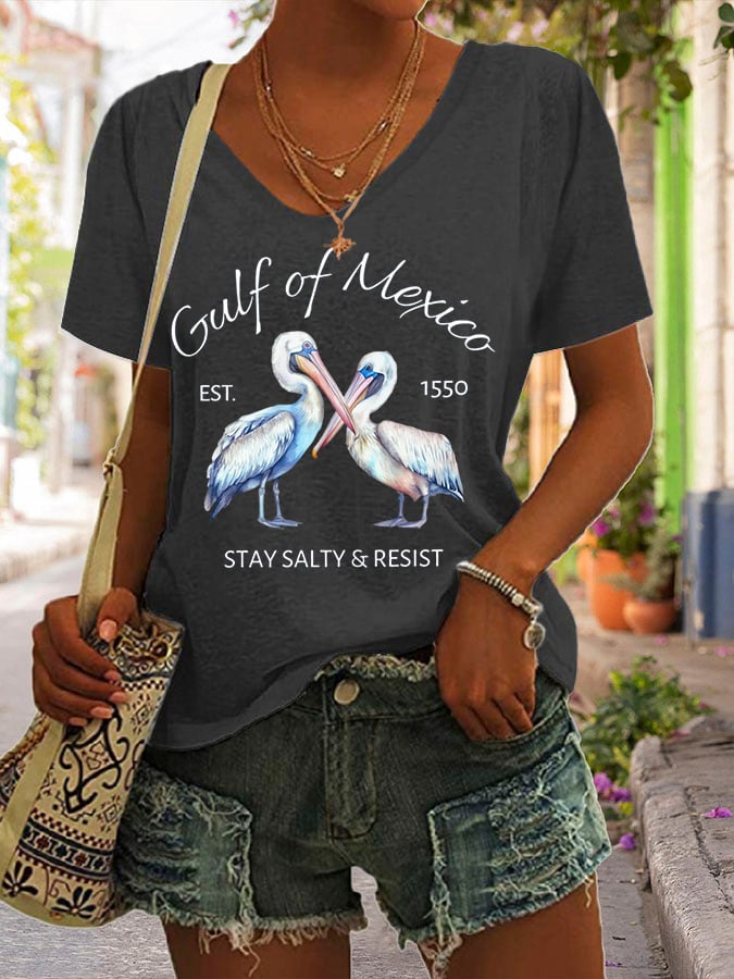 Women's Gulf Of Mexico Print V Neck Casual T-Shirt