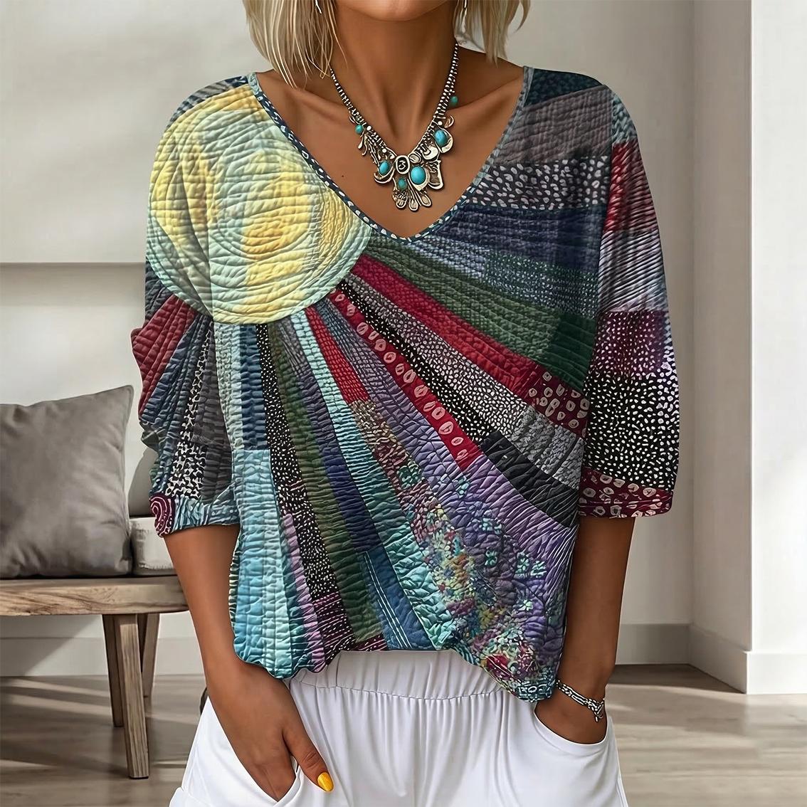 Women's Vintage Floral In Gradient Art Print Flowy Linen Blend  Three-quarter Sleeve V Neck Linen Tops