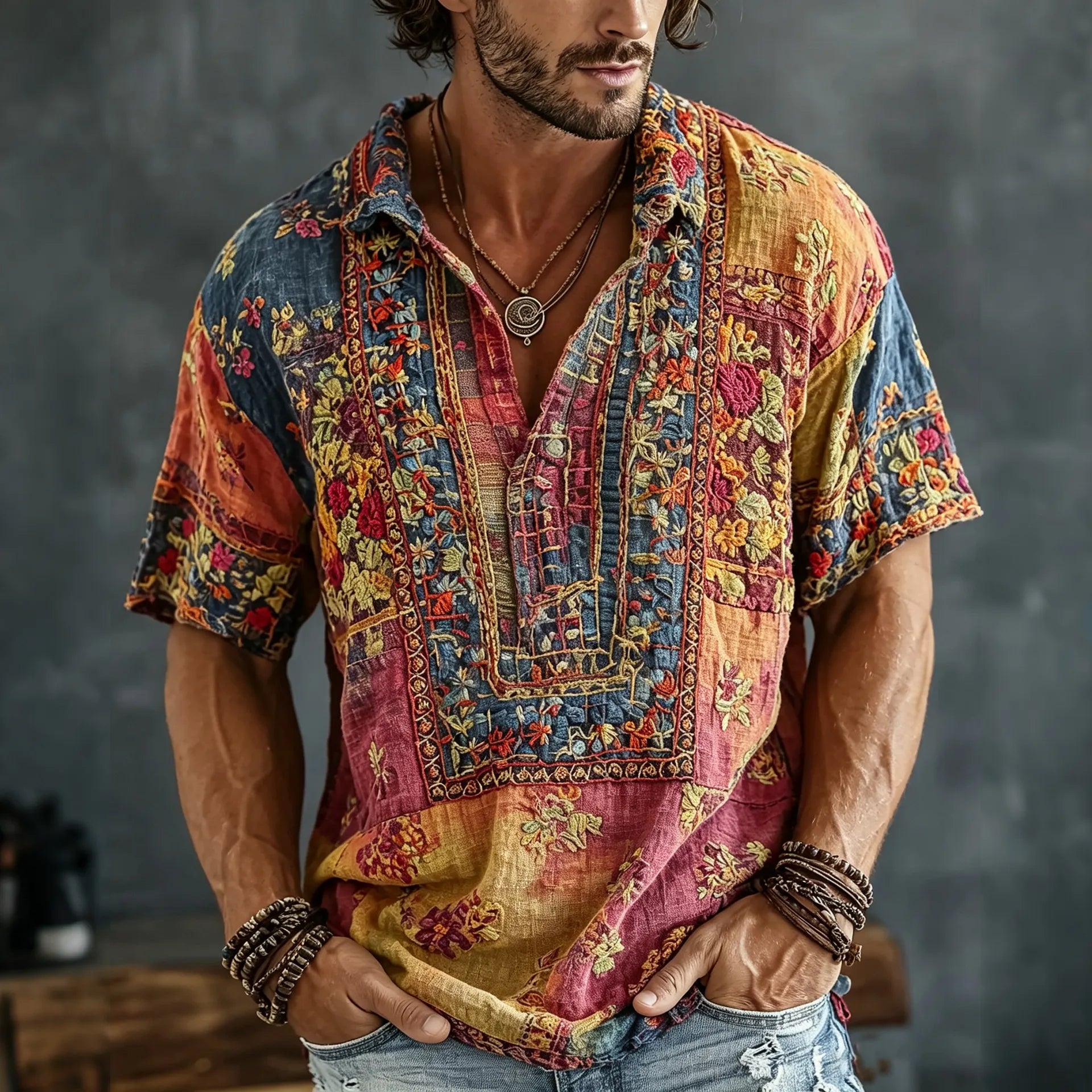 Men's Vintage Floral  Patchwork Embroidered Art Print Flowy Linen Blend Casual Tshirt