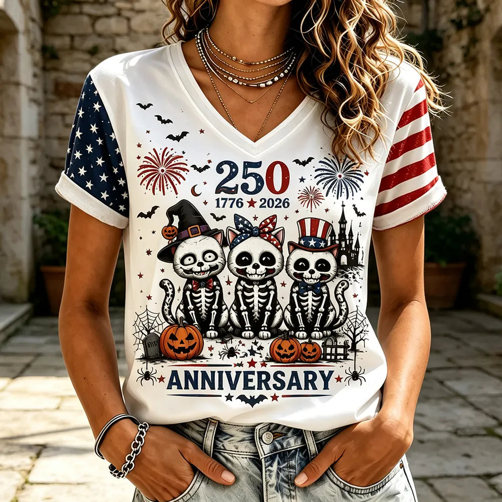 Women's V-neck Short Sleeve T-shirt Featuring 250th Anniversary Patriotic Skeleton Cats And Fireworks