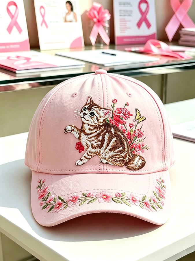Unisex Breast Cancer Awareness Baseball Cap with Cat Print