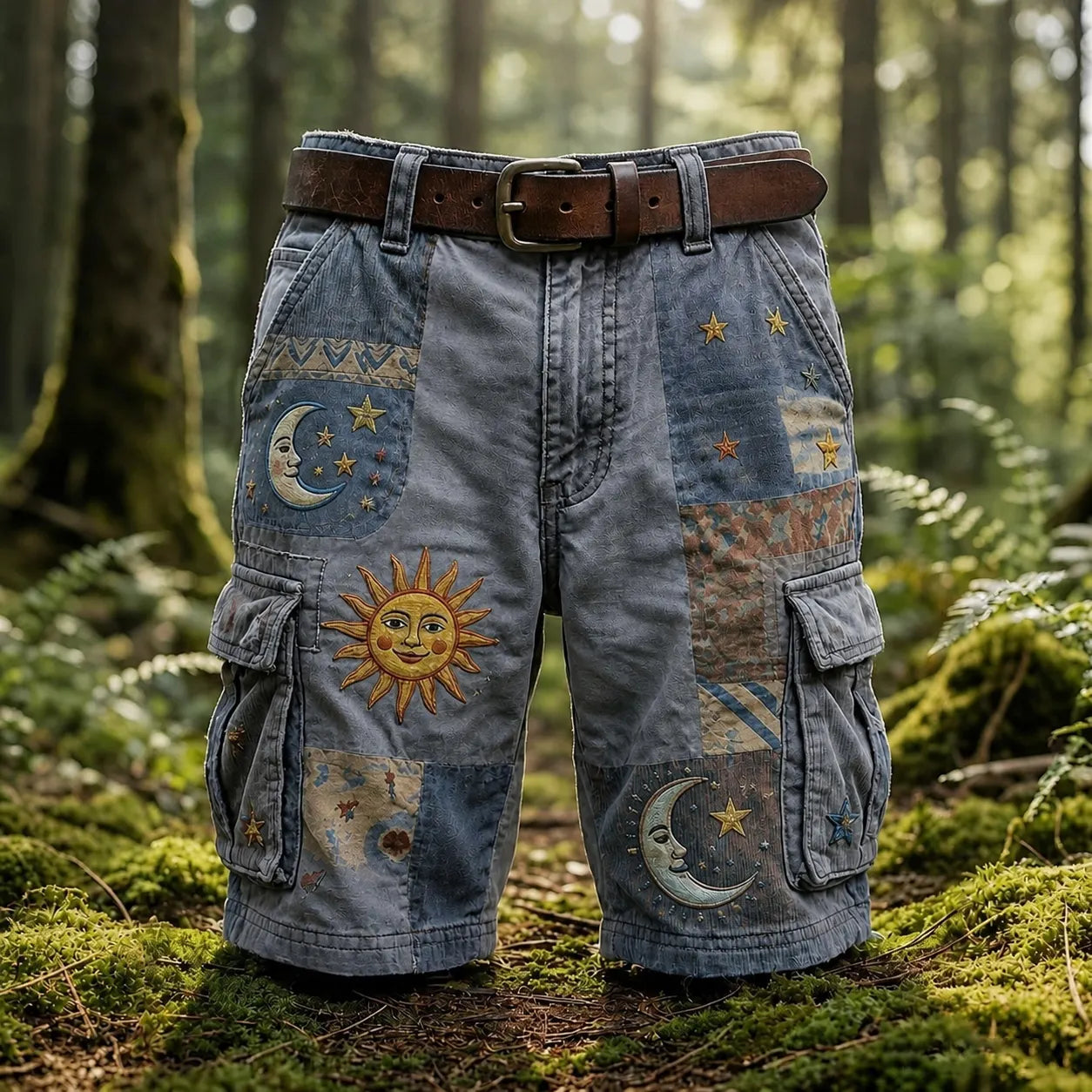 Men's Patchwork Sun Moon Star Boho Art Print Denim-like Cargo Shorts(no Belt)