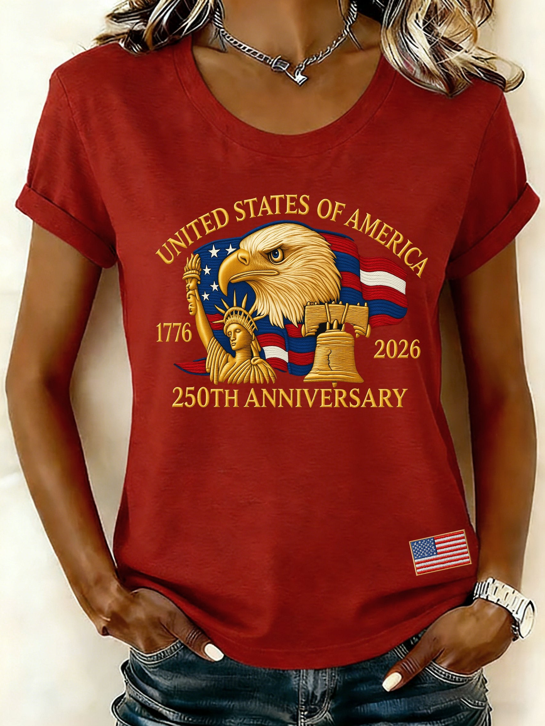 Women'S Casual Short-Sleeved T-Shirt With American 250th Anniversary Commemorative Print And Round Neckline.