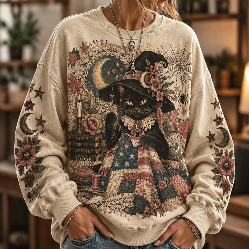 Women's Witch Cat American Flag Pattern Crew Neck Sweatshirt
