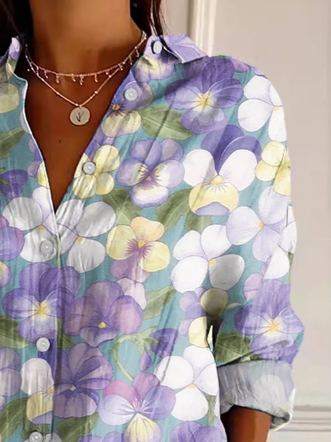 Women's Art Purple Pansy Floral Print Shirt
