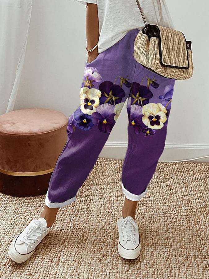 Women's Purple Floral Art Print Casual Pants