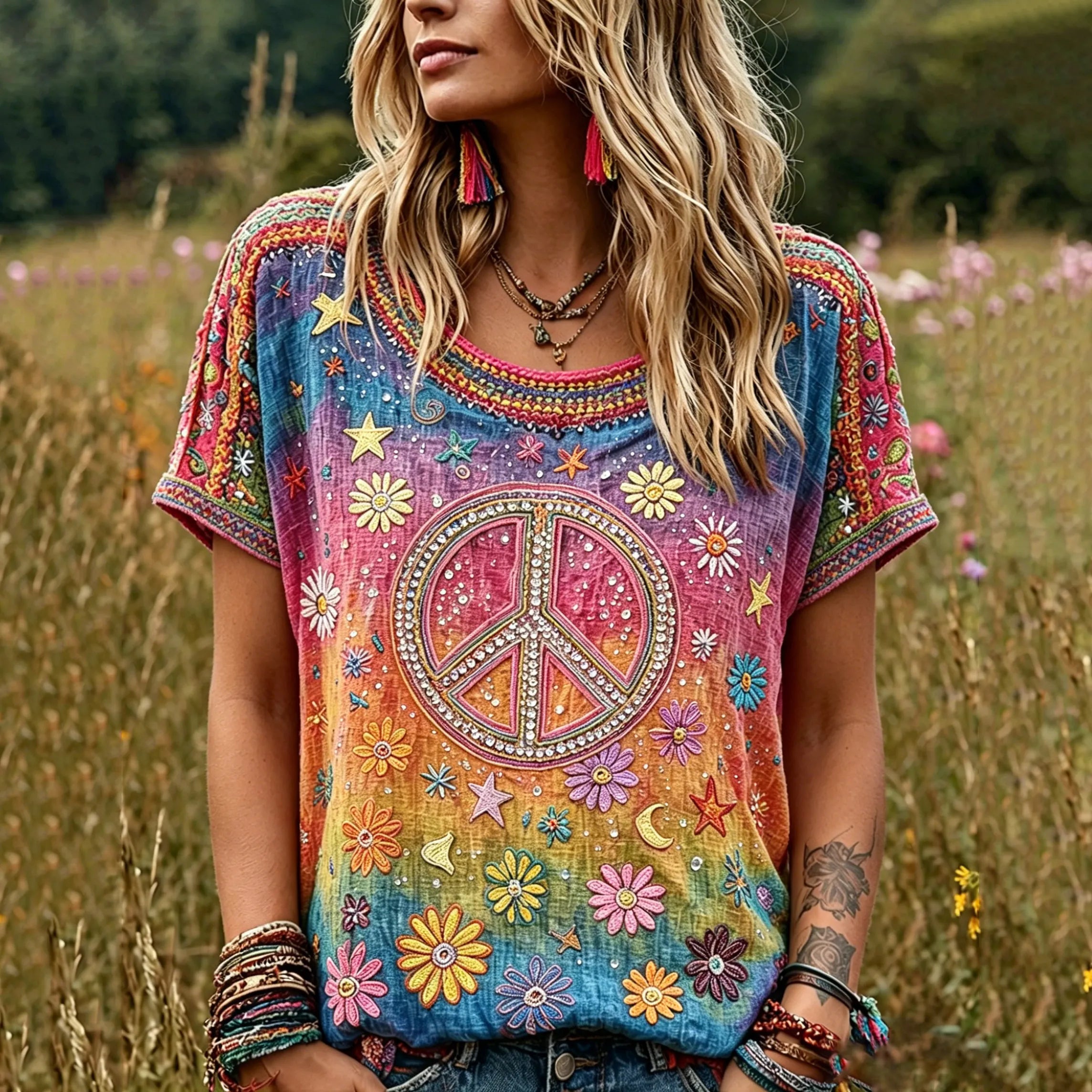 Women's Vintage Hippie Floral Color Gradient Art Linen Blend Round Neck Top