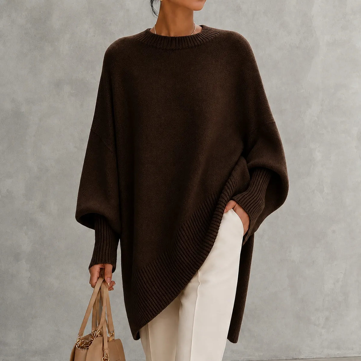 Elegant Solid Color Crew Neck Pullover Knit Sweater