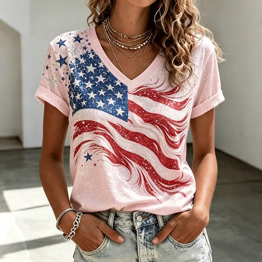Women's Independence Day Flag Print V-neck Short Sleeve T-shirt