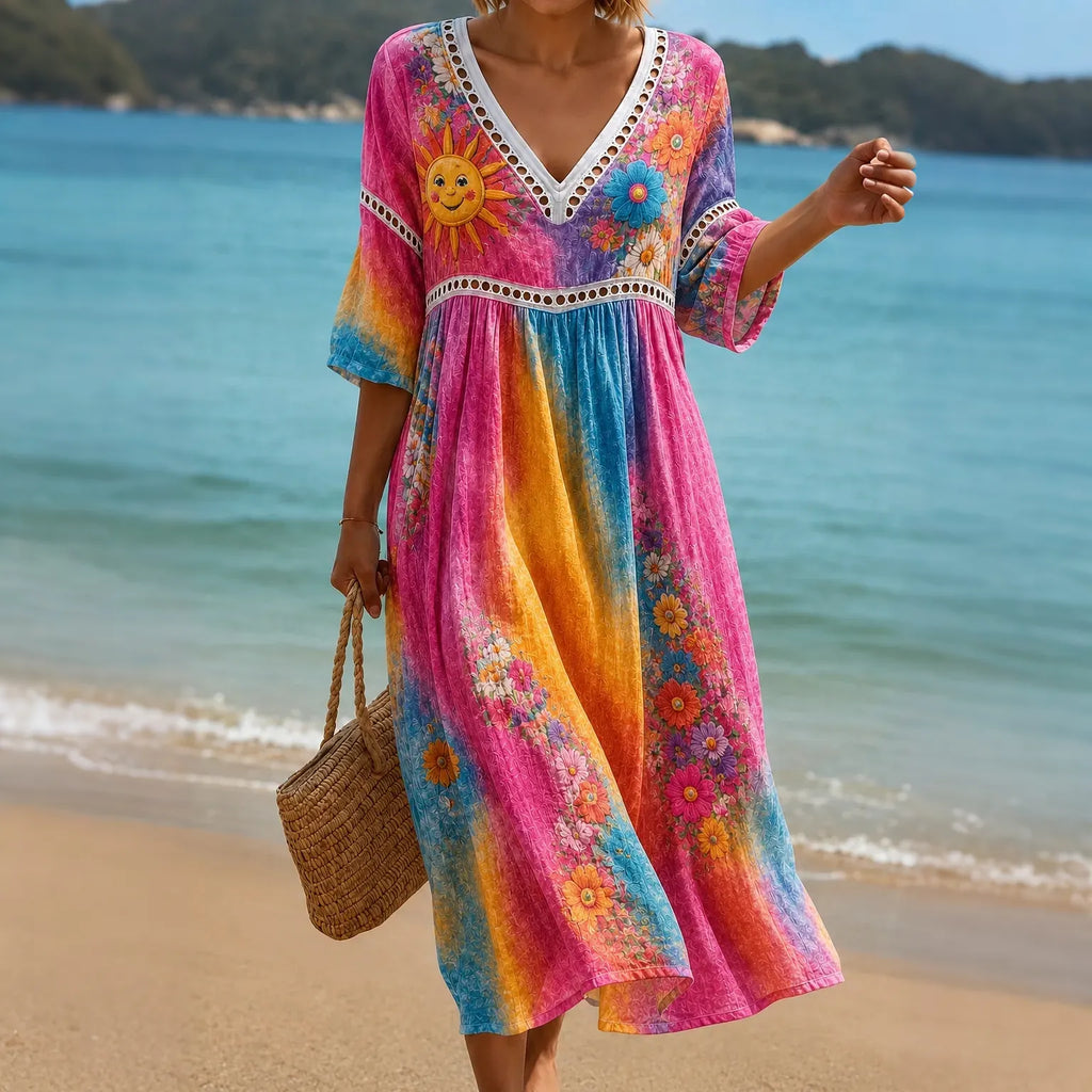 Women's Vintage Hippie Floral Art Print V Neck Midi Dress