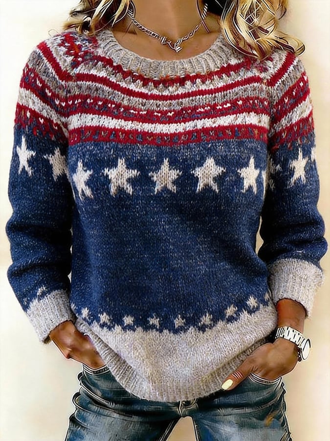 Women's American 250th Anniversary Print Raglan Sleeve Knit Sweater
