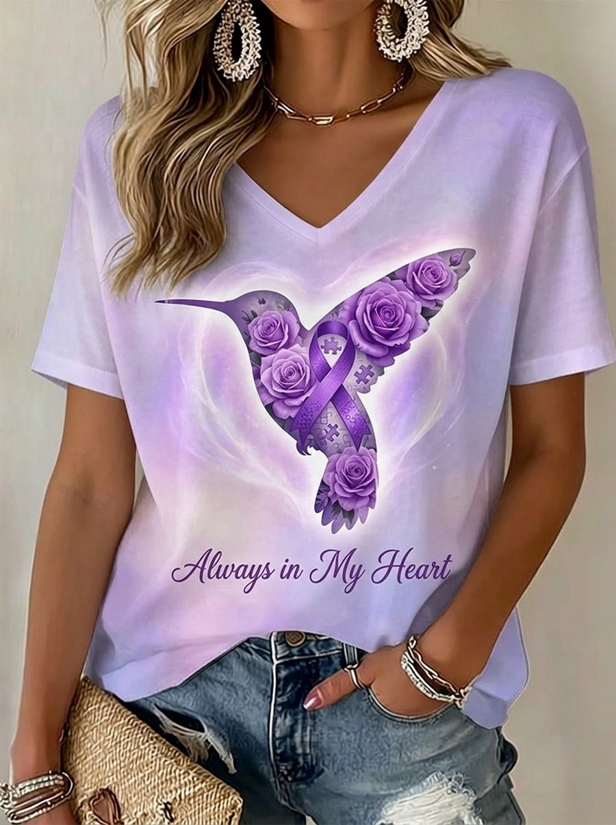Women's Alzheimer's Awareness Floral Art V-Neck Short-Sleeve T-Shirt