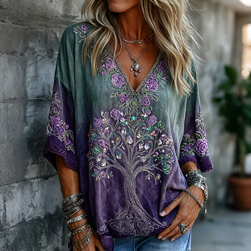 Women's Retro Tree Of Life Floral Art V-neck Loose Linen Blend T-shirt