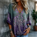 Women's Retro Tree Of Life Floral Art V-neck Loose Linen Blend T-shirt