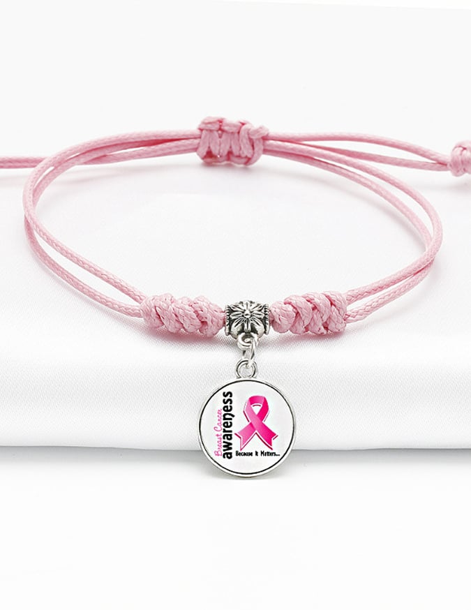 Pink Ribbon Breast Cancer Awareness Warrior Adjustable Braided Bracelet