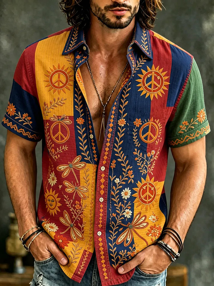 Men's Retro Hippie Floral Color Block Print Cotton Linen Short-sleeve Shirt