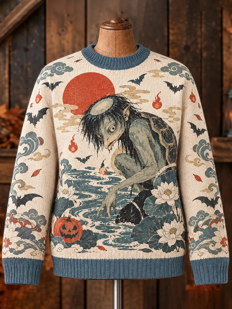 Men's Japanese Ukiyo-e Kappa Pumpkin Lotus Knitted Sweater