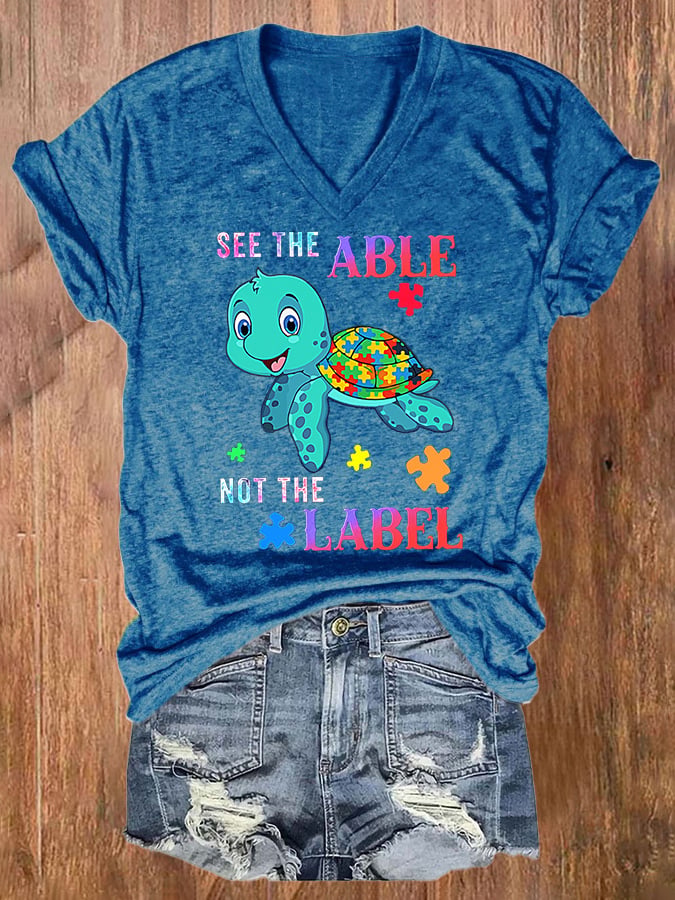 Women's Autism Awareness, Awareness Turtle, See The Able Not The Label Print T-shirt