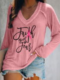 Women's Faith Over Fear Breast Cancer Awareness Print V-Neck Top