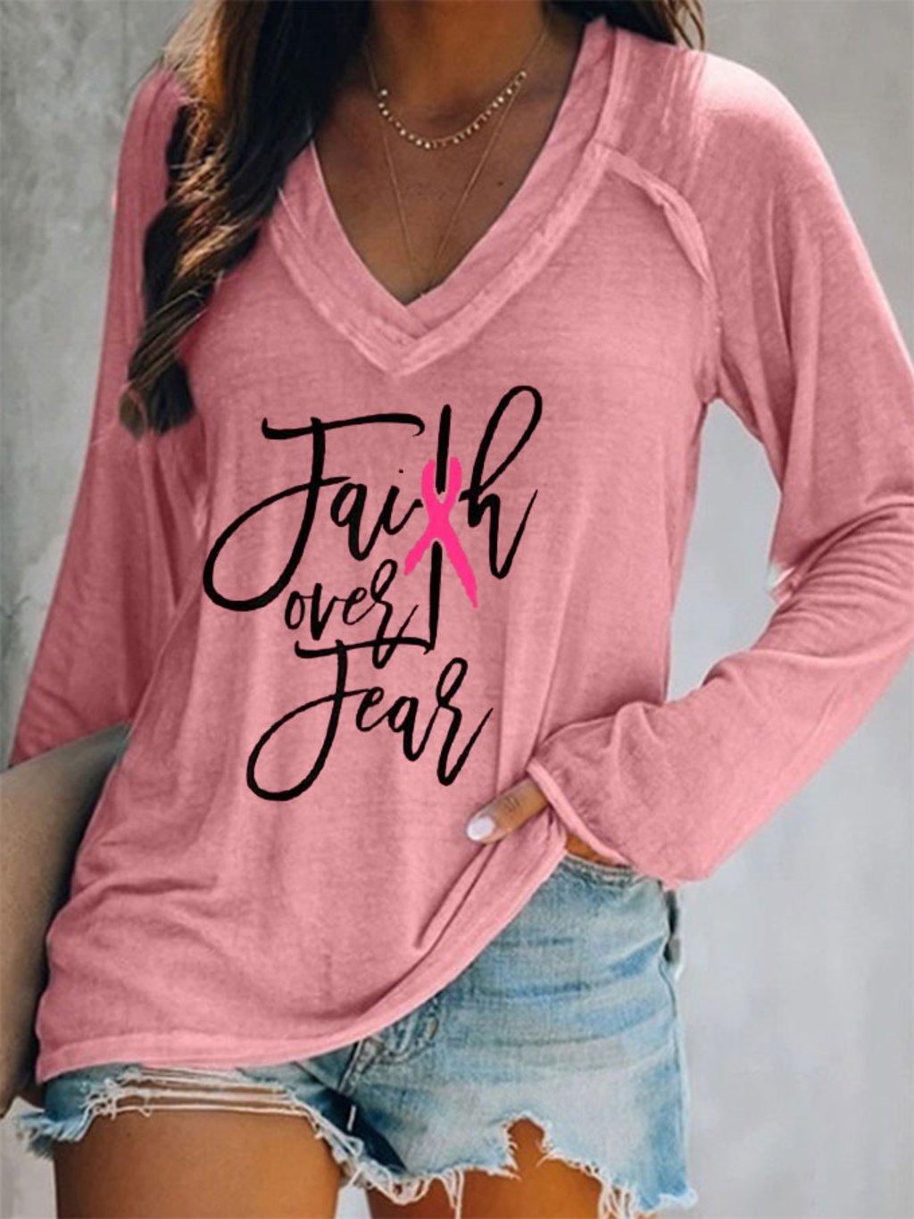 Women's Faith Over Fear Breast Cancer Awareness Print V-Neck Top