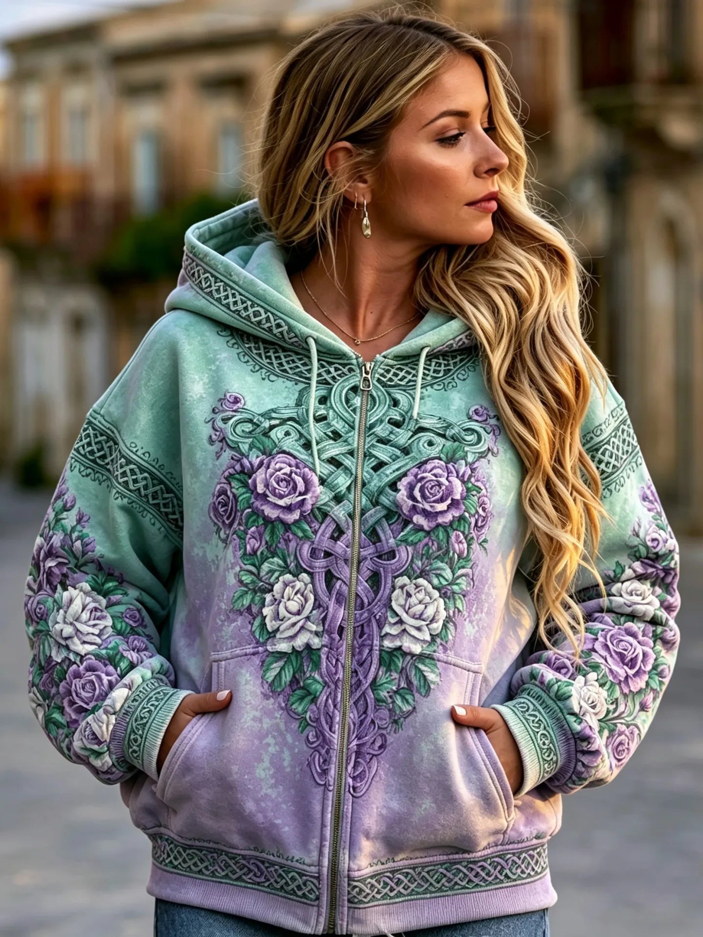 Women's Vintage Flowers Gradient Art Casual Zip-up Hoodie