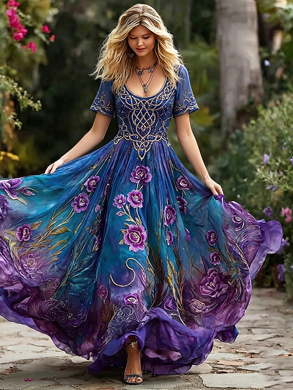 Women's Viking Celtic Knot And Purple Floral Pattern Casual Round Neck Dress