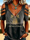 Women's Western Independence Day Liberty Bell Printed Cold Shoulder T-shirt