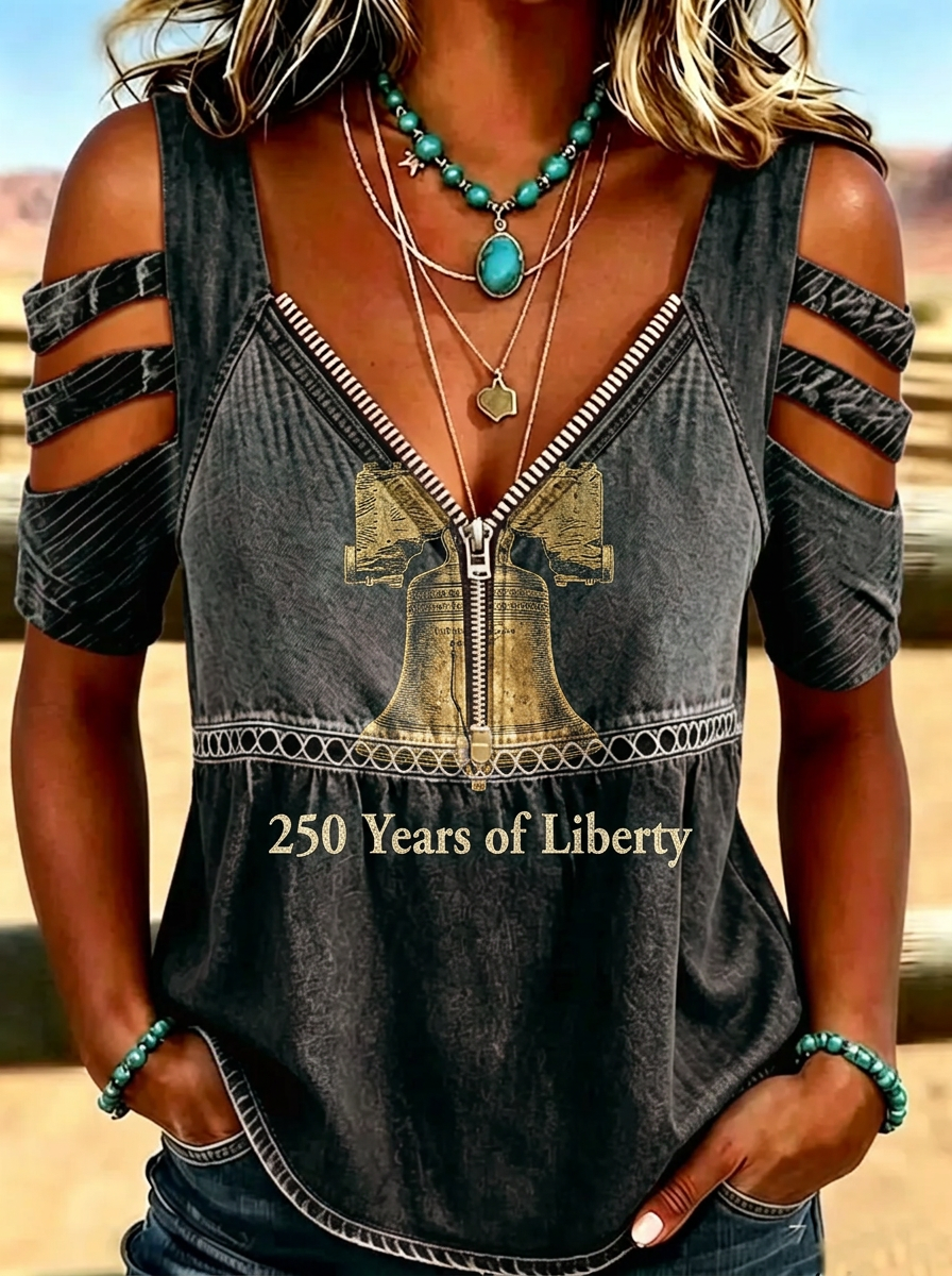 Women's Western Independence Day Liberty Bell Printed Cold Shoulder T-shirt