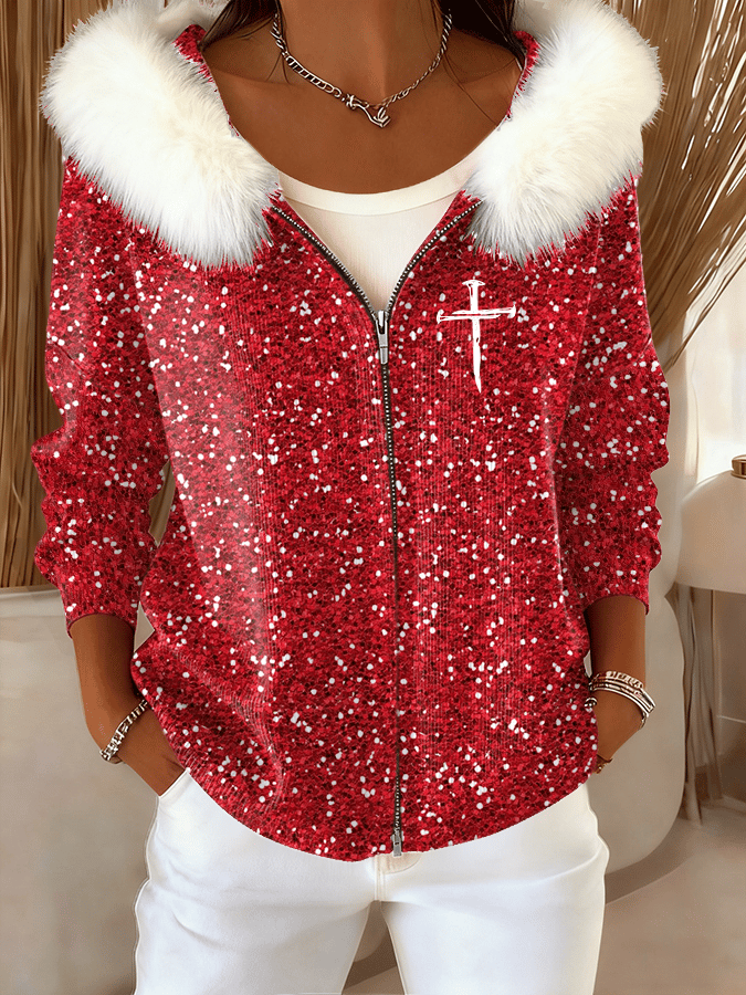 Women's Christmas Faith Plush Zipper Casual Hooded Sweatshirt