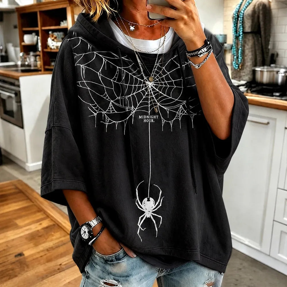 Women's Spider Spinning Silk Art Print Linen Hoodie