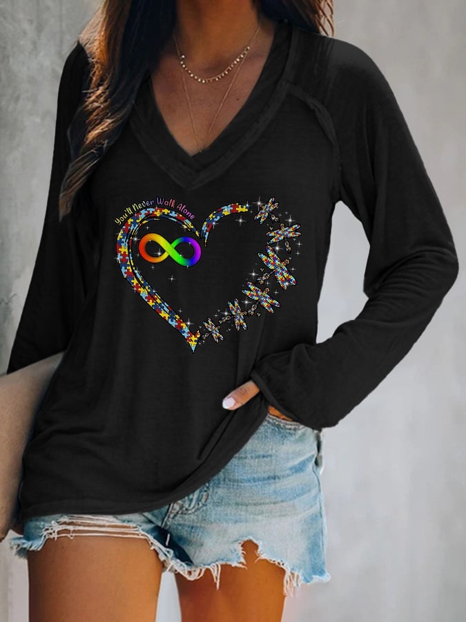V-neck Retro Autism Awareness Infinity You'll Never Walk Alone Puzzle Piece Heart Dragonfly & Rainbow Print T-Shirt